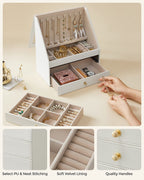 Jewelry box - With 3 levels - Sloping glass window - 2 drawers - Storage box for jewelry - Modern - White