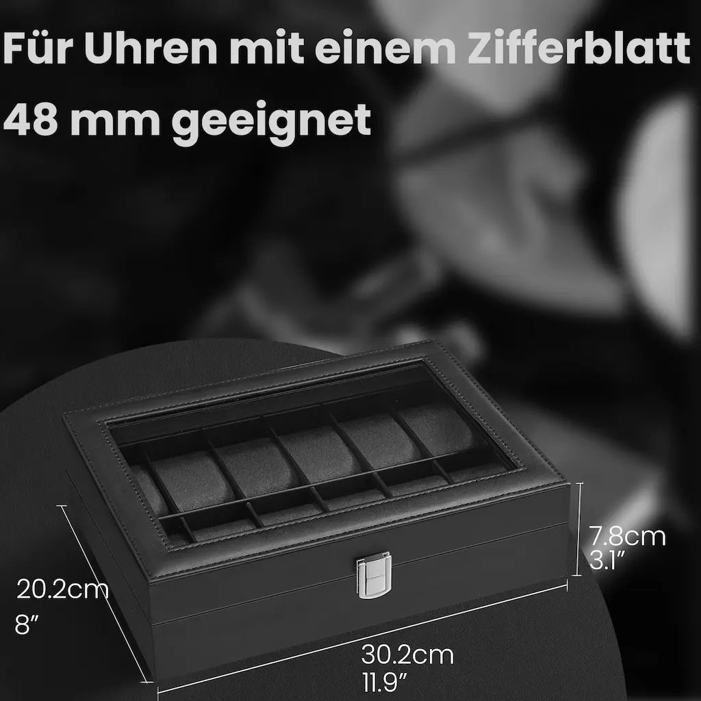 Watch box - with 12 compartments and glass lid, luxury storage box