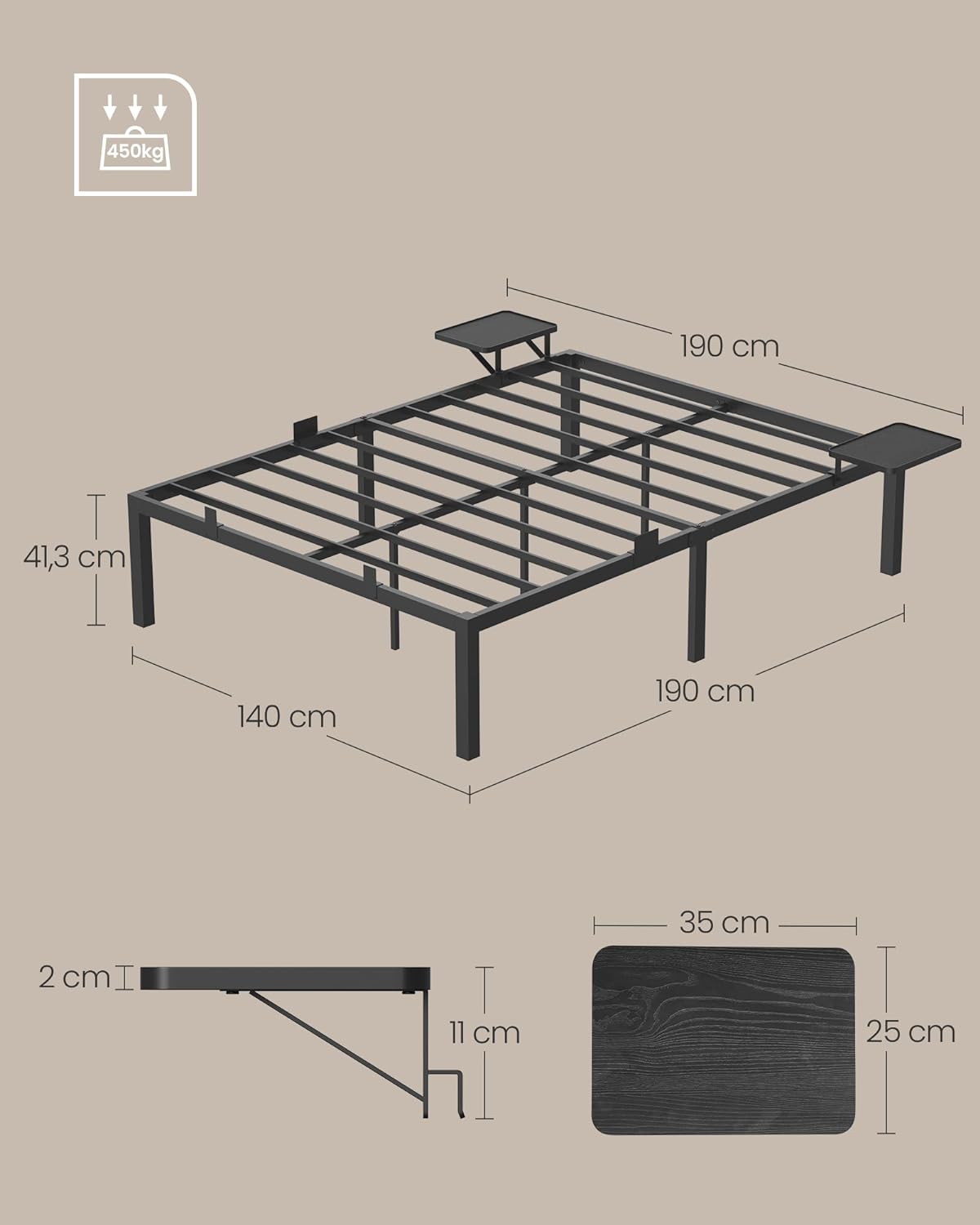 Bed Frame - Metal frame - Double bed - 190 x 140 cm - Black