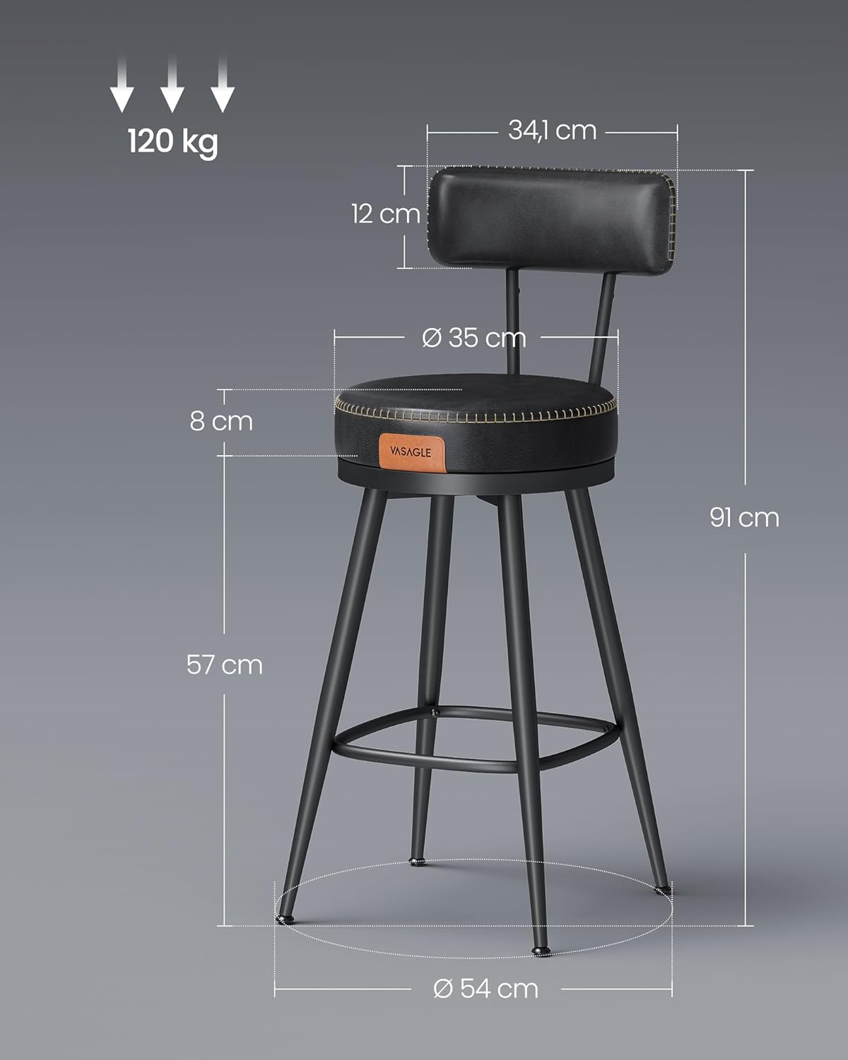 Bar stools - Bar chairs - Set of 2 - Metal frame - With backrest - Black