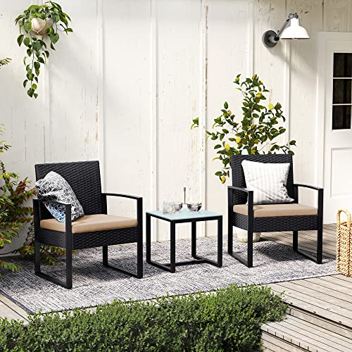 Garden furniture set - Lounge set - Rattan look - 2 chairs and glass table - Black
