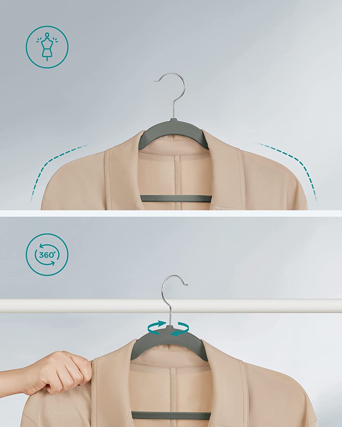 Clothing hangers - Velvet clothes hangers - Set of 30 pieces - Anti -slip - Rotating hook - Gray