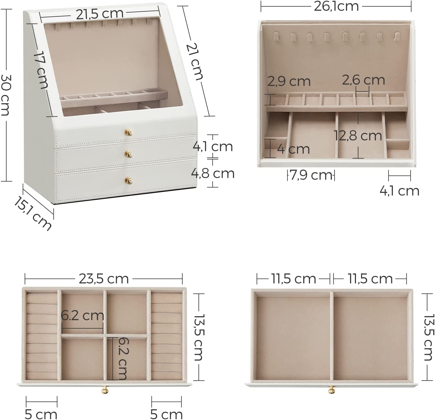 Jewelry box - With 3 levels - Sloping glass window - 2 drawers - Storage box for jewelry - Modern - White