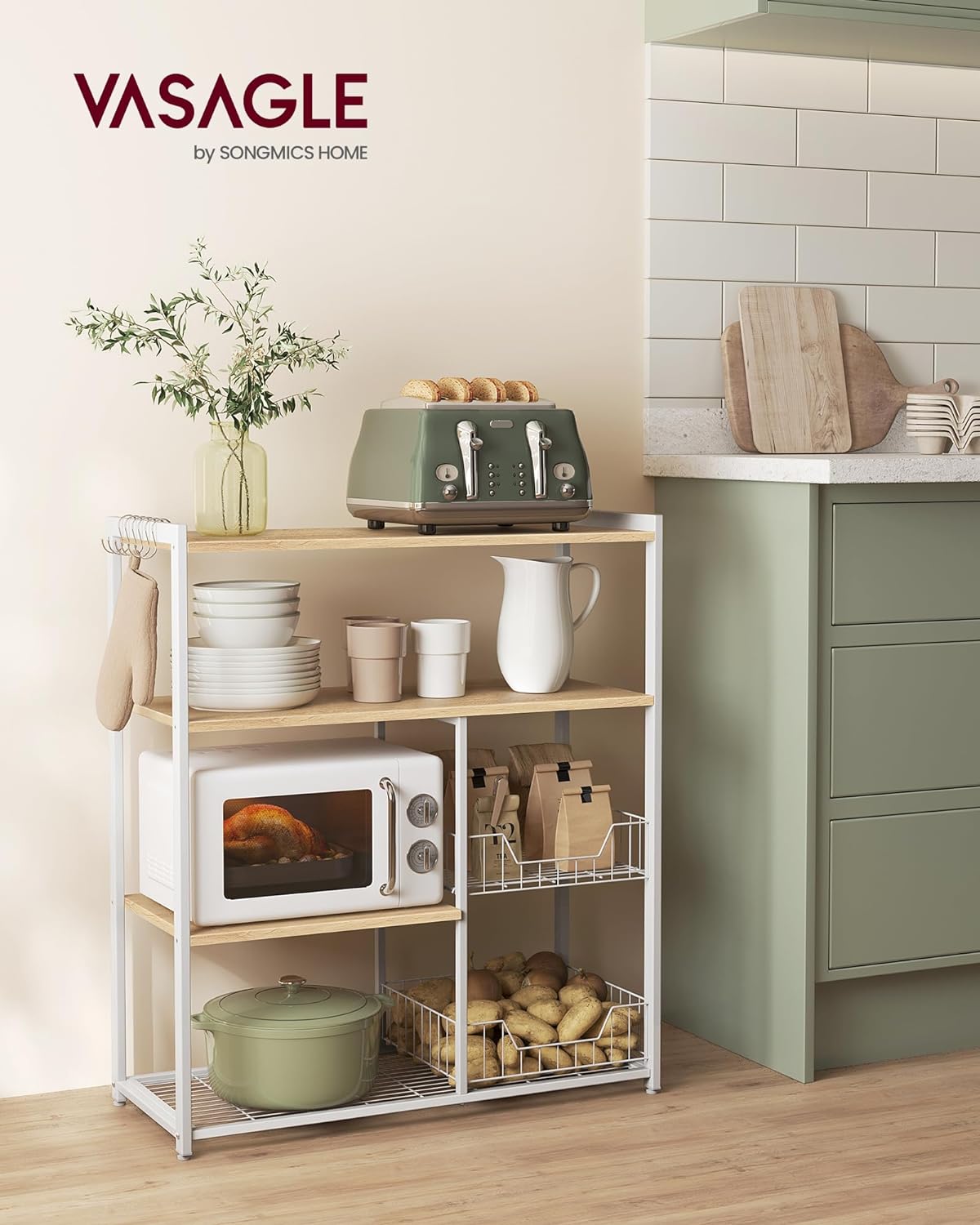 Kitchen rack - Kitchen cupboard - Storage cupboard - 4 levels - Metal frame - Wooden boards - White