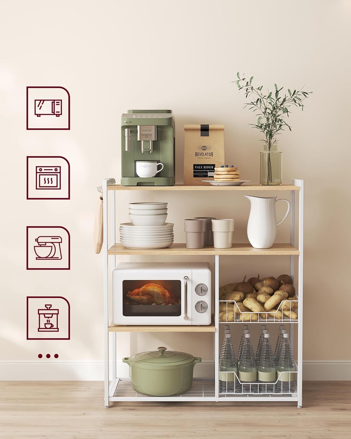 Kitchen rack - Kitchen cupboard - Storage cupboard - 4 levels - Metal frame - Wooden boards - White