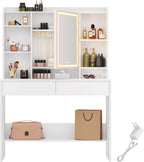 Dressing table - makeup table - with LED lighting and mirror - 2 drawers - made of wood - white
