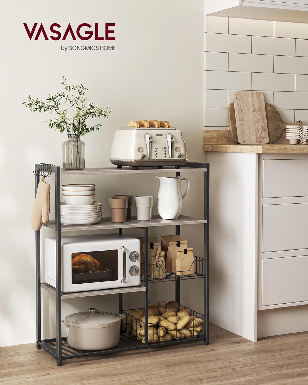 Kitchen rack - Kitchen cupboard - Storage cupboard - 4 levels - Metal frame - Wooden boards - Gray