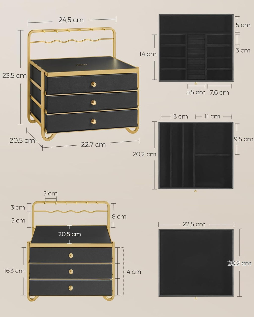 Jewelry box - Jewelry box - 3 layers with drawers - Black gold