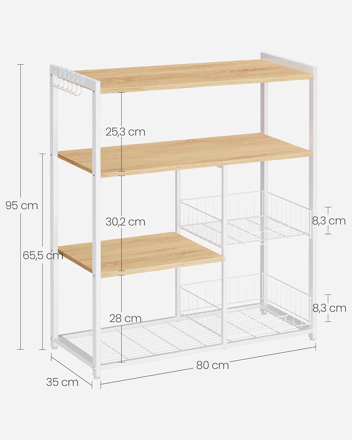 Kitchen rack - Kitchen cupboard - Storage cupboard - 4 levels - Metal frame - Wooden boards - White