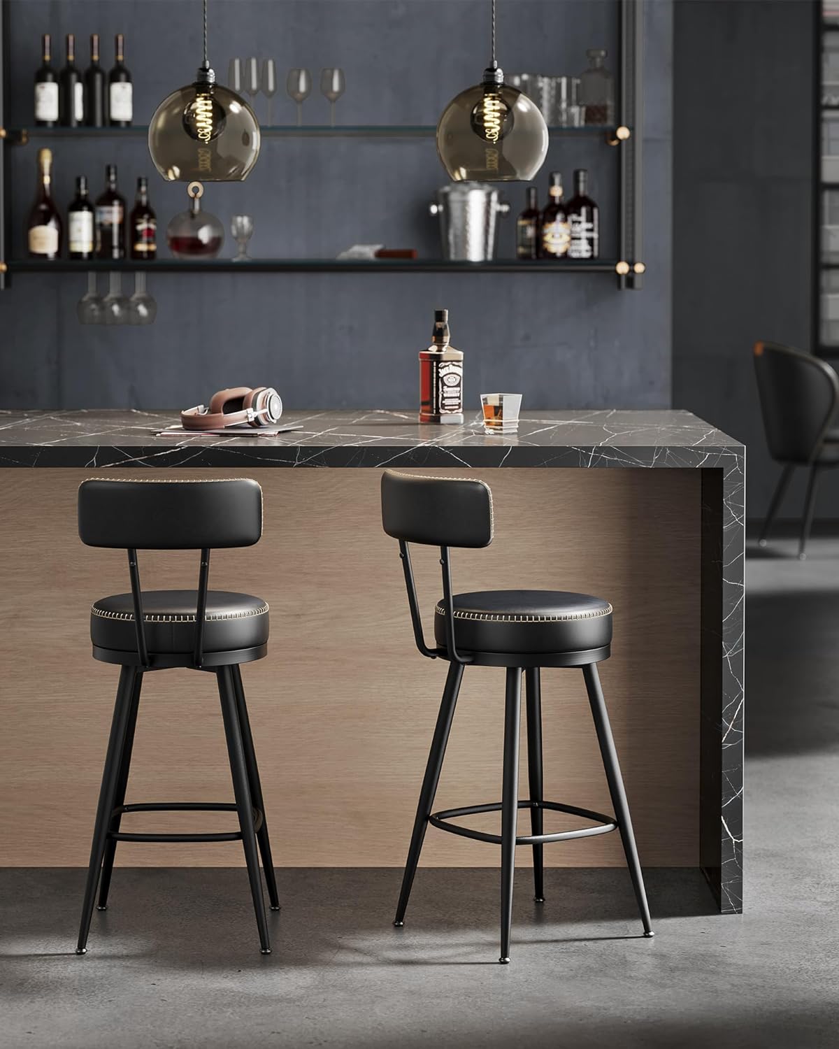 Bar stools - Bar chairs - Set of 2 - Metal frame - With backrest - Black