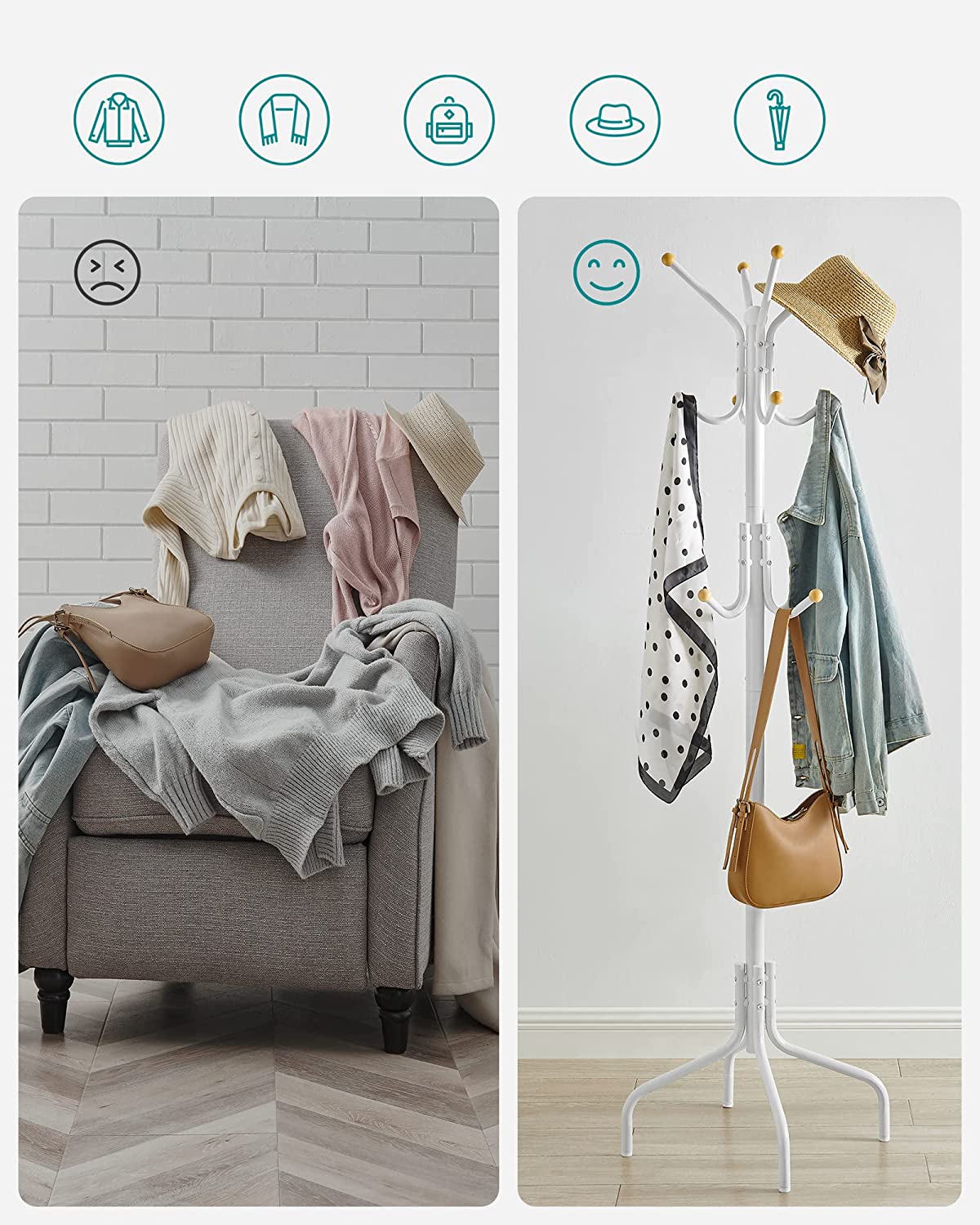 Coat rack - Metal clothes hanger - With 12 hooks - White