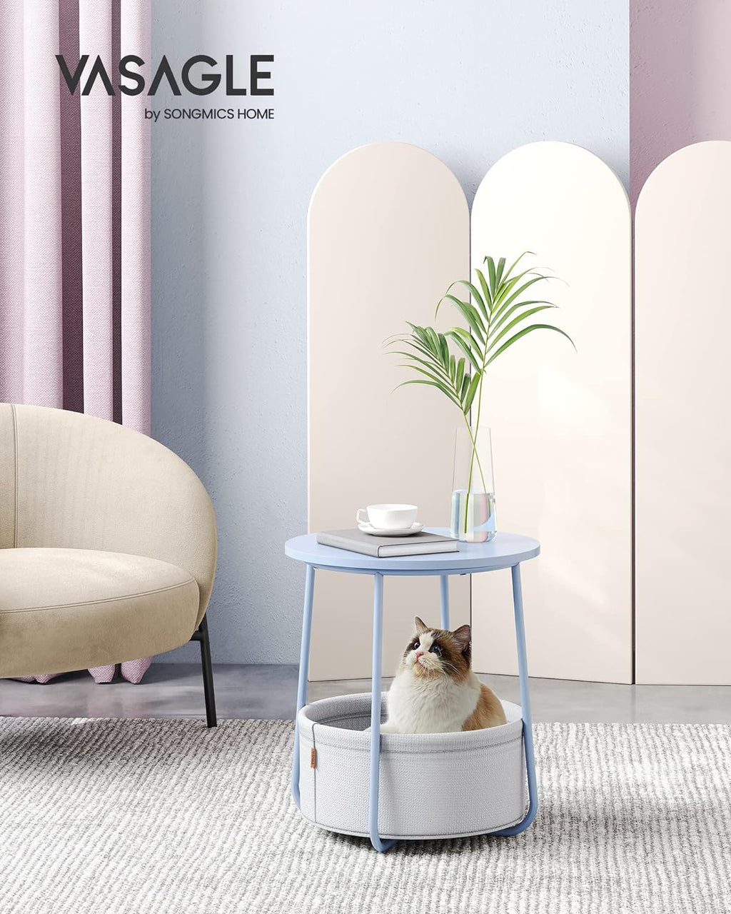 Round side table - With fabric basket - Metal frame - Blue