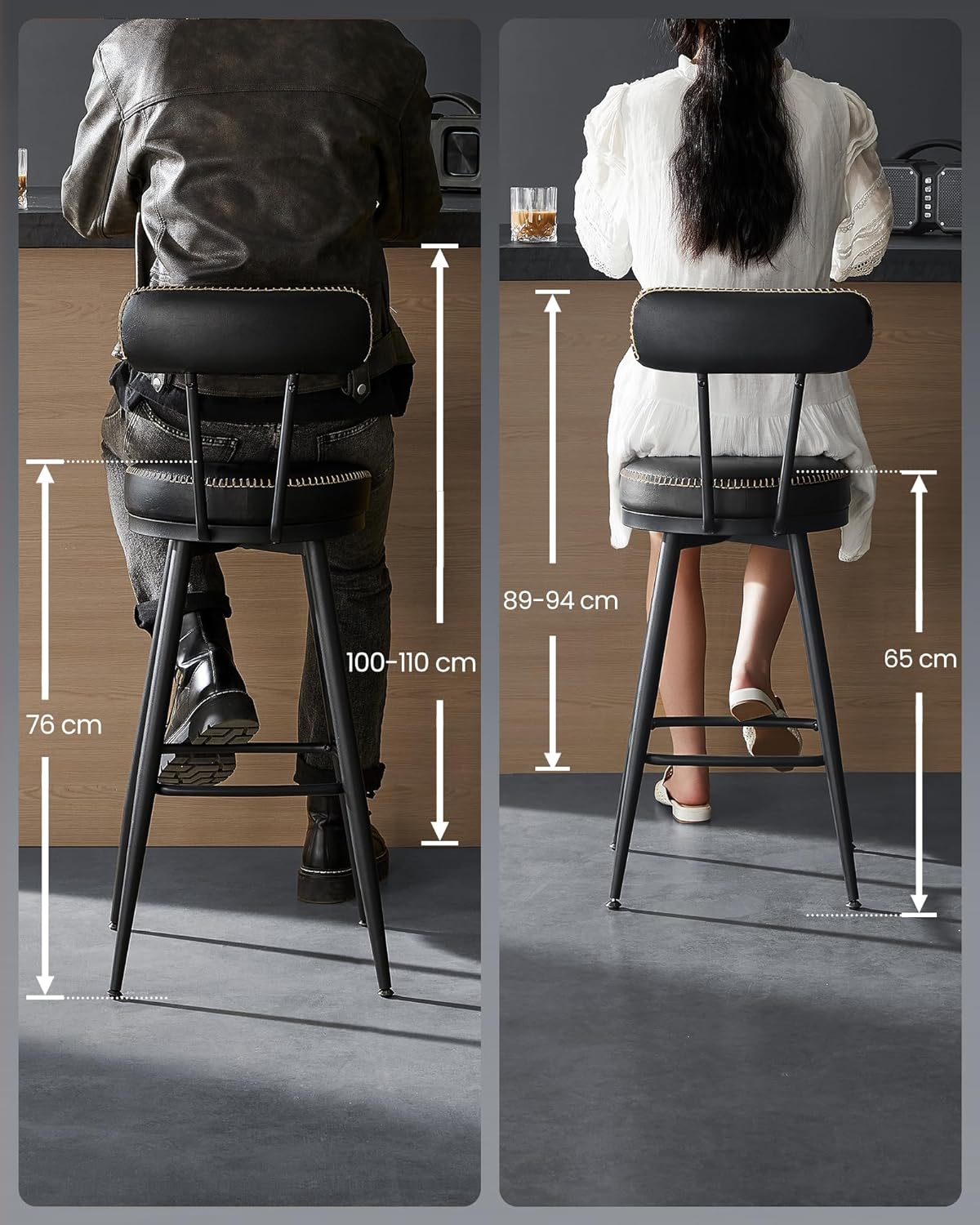 Bar stools - Bar chairs - Set of 2 - Metal frame - With backrest - Black