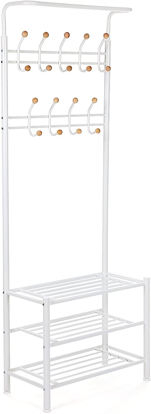 Coat rack - With 3 shoe racks - With 18 hooks - Metal - 68.8 x 35.2 x 187 cm