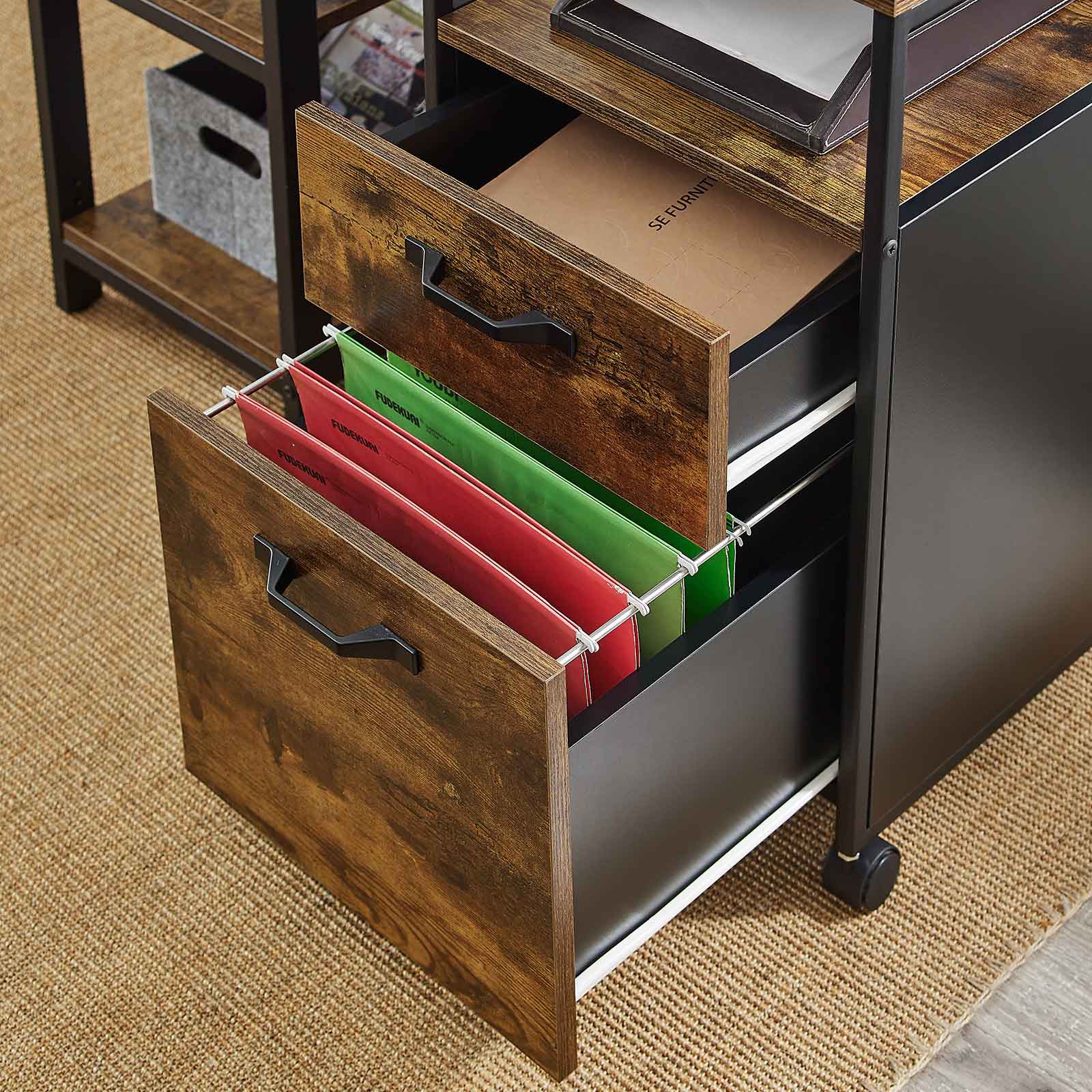 Ladeblok - Office box with 2 drawers - On wheels - Brown/Black