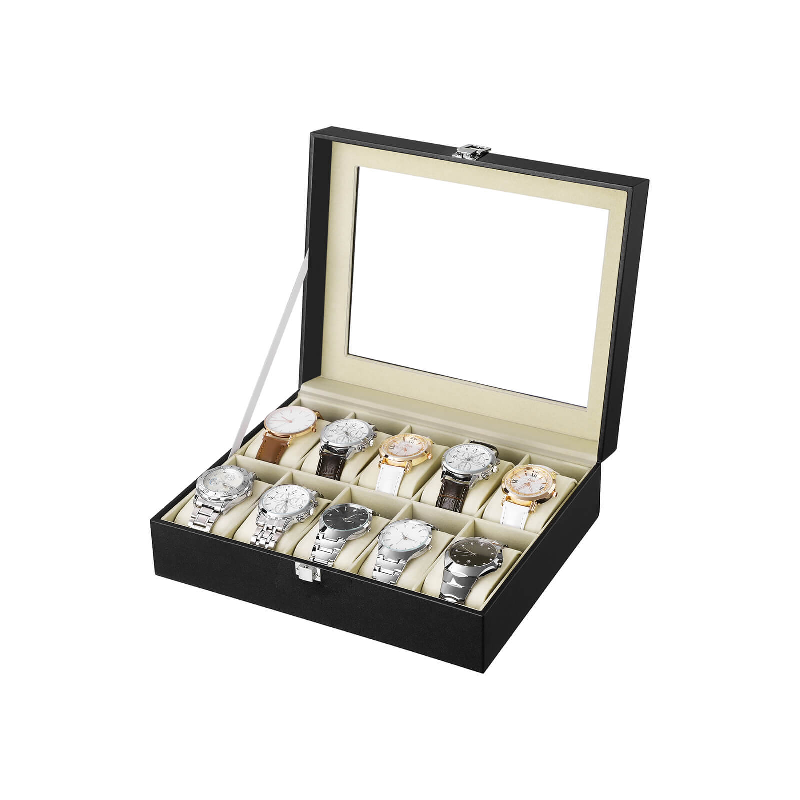 Watchbox - 10 compartments - Glass lid - Black/Gray