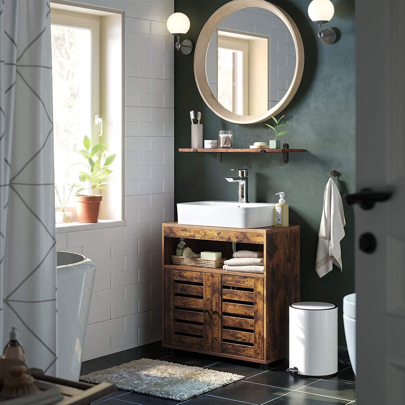 Washbasin furniture - Bathroom cabinet with 2 slat doors - Industrial Design - Brown