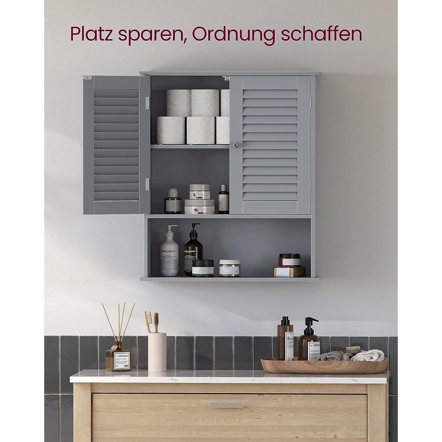 Bathroom furniture - with adjustable shelf and slat doors