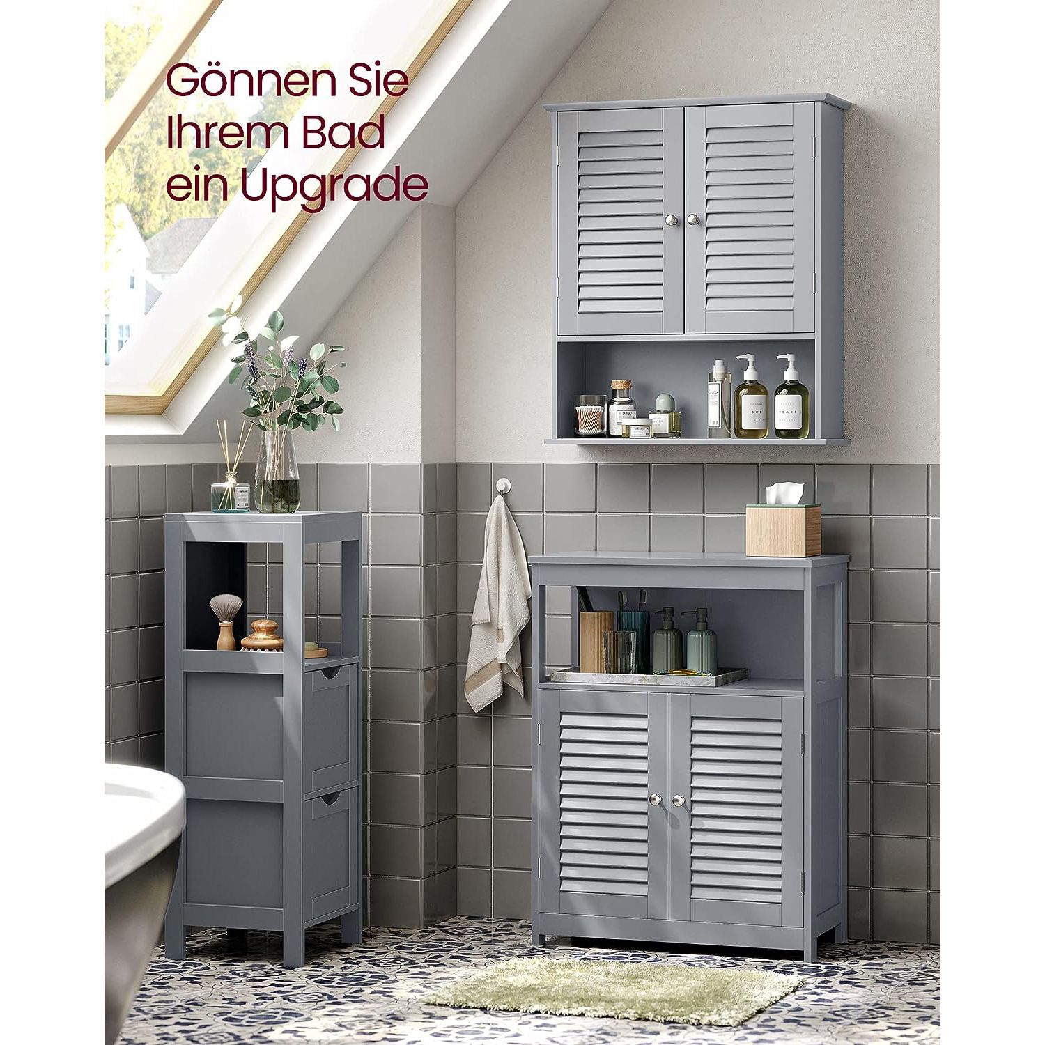 Bathroom furniture - with adjustable shelf and slat doors