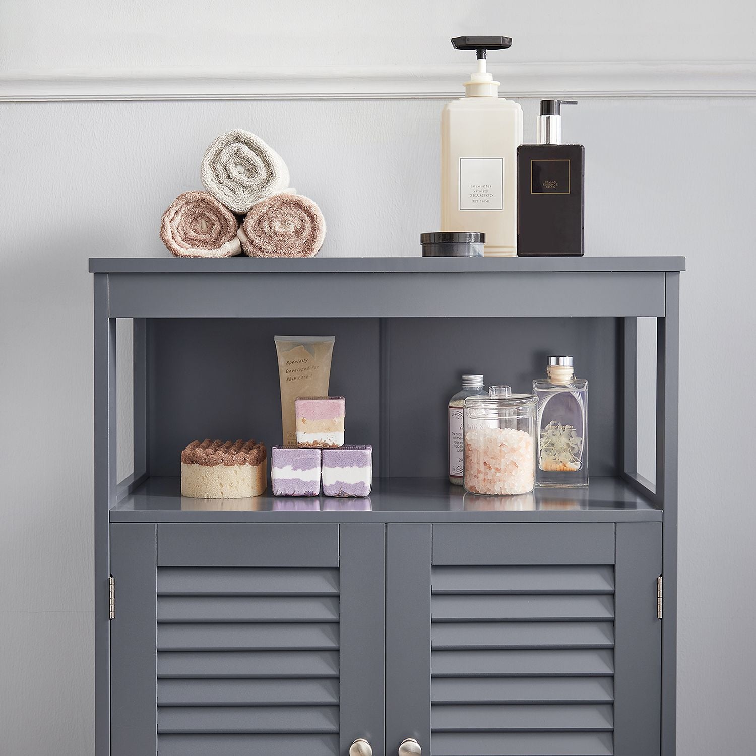 Bathroom cabinet - Kitchen cupboard with open compartment - Gray