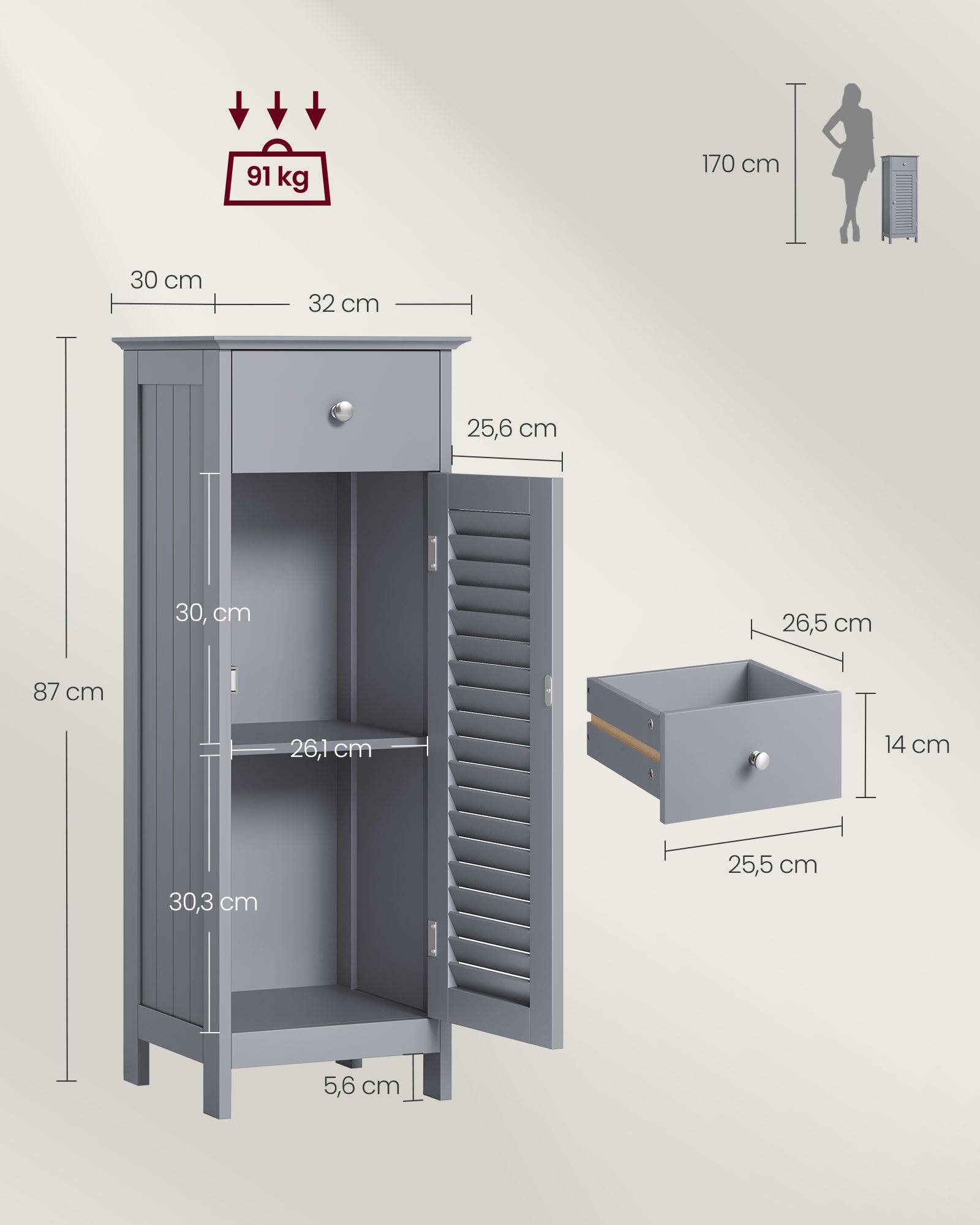Bathroom furniture - narrow - with drawer and louvre door