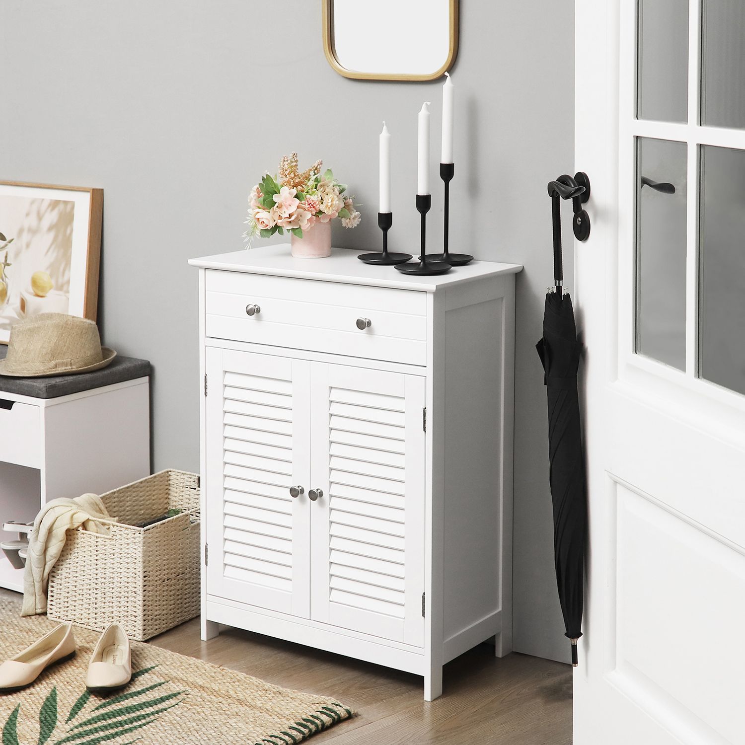 Bathroom cabinet - With 2 slat doors - With adjustable shelves - White