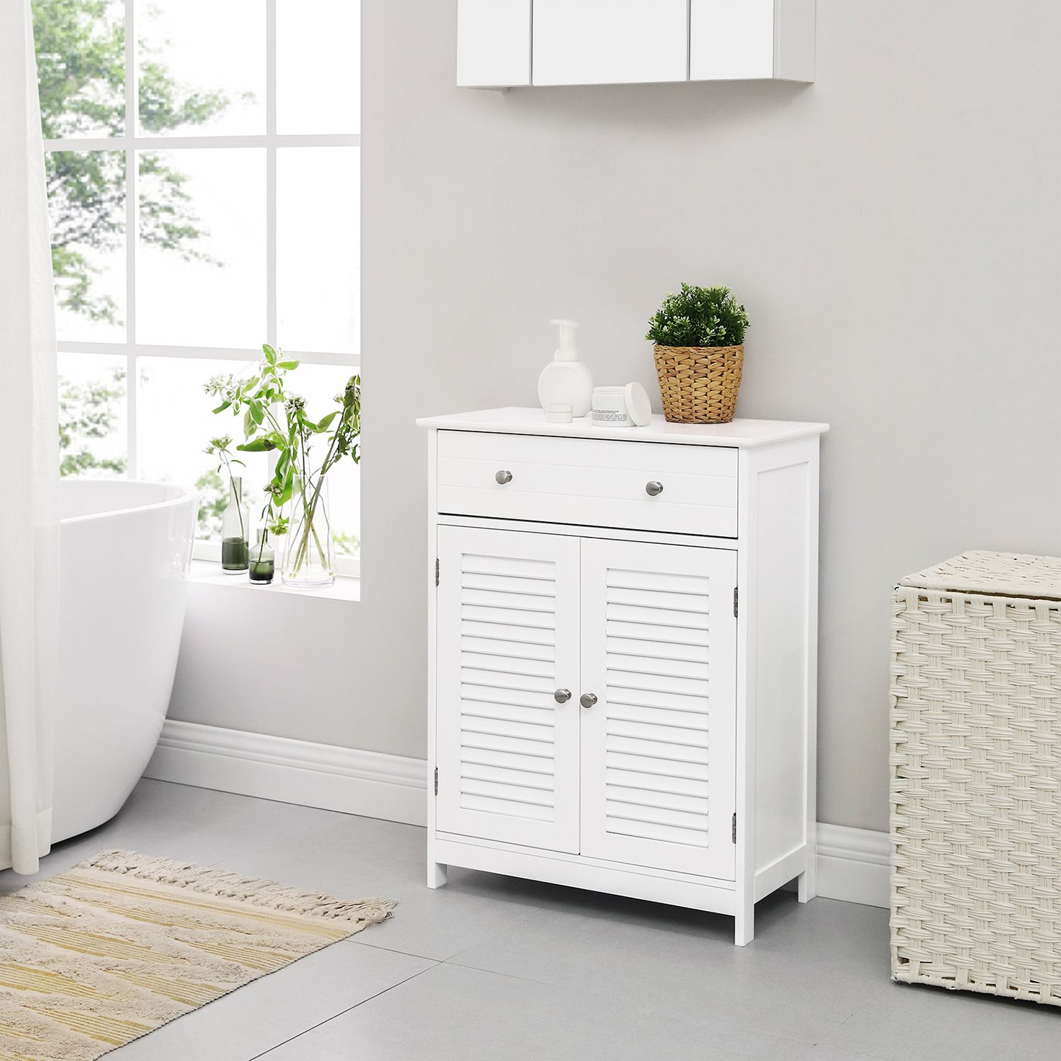 Bathroom cabinet - With 2 slat doors - With adjustable shelves - White