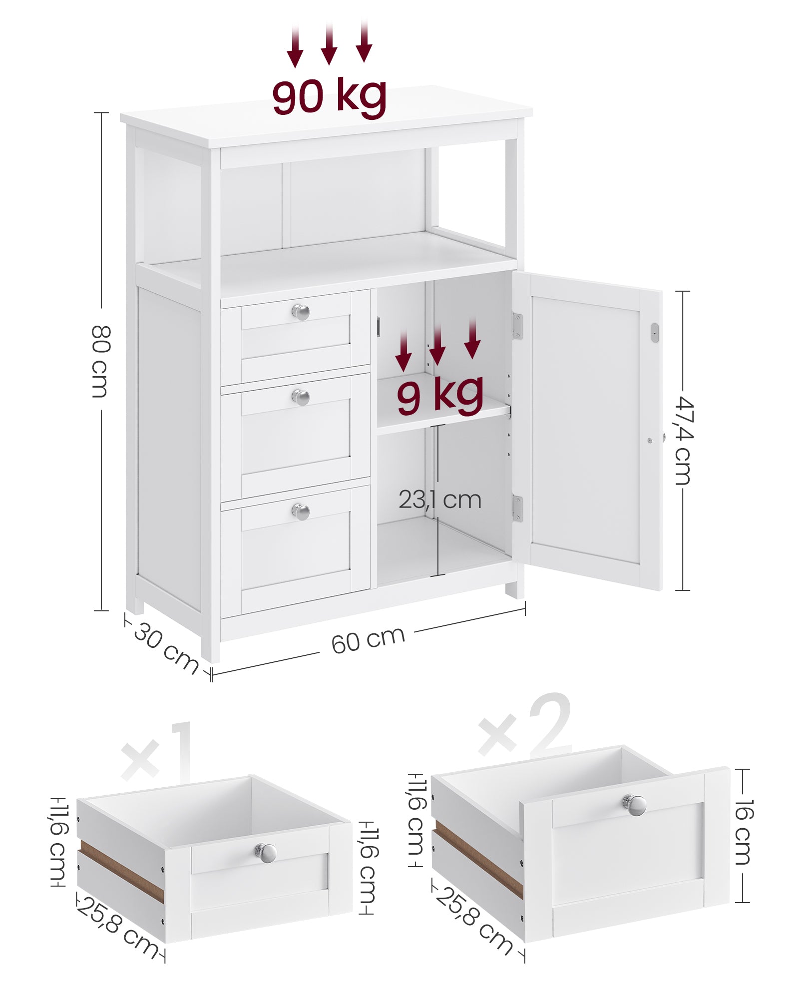 Bathroom furniture - 30 x 60 x 80 cm - with 3 drawers