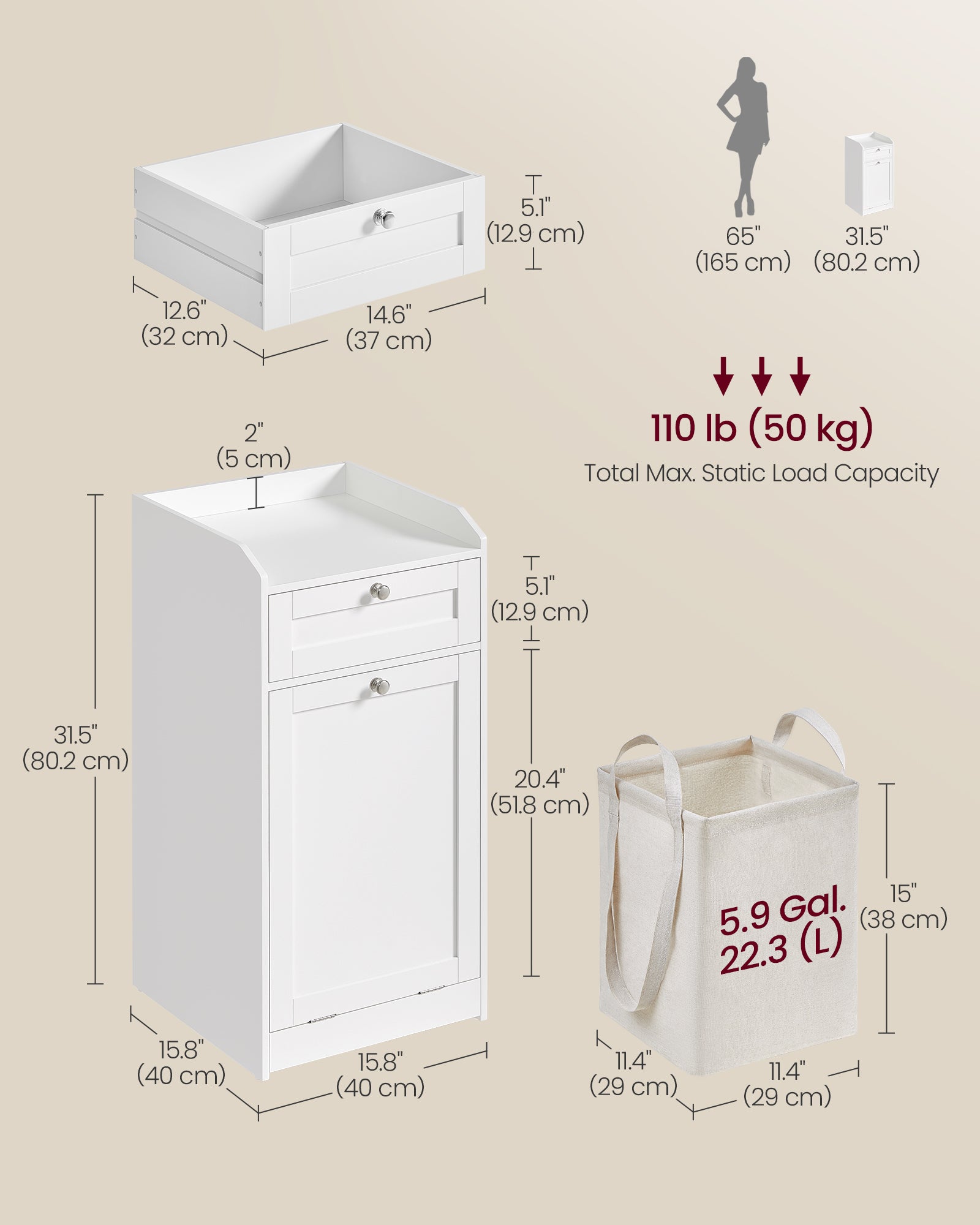 Bathroom cabinet - with laundry basket - 40 × 40 × 80.2 cm