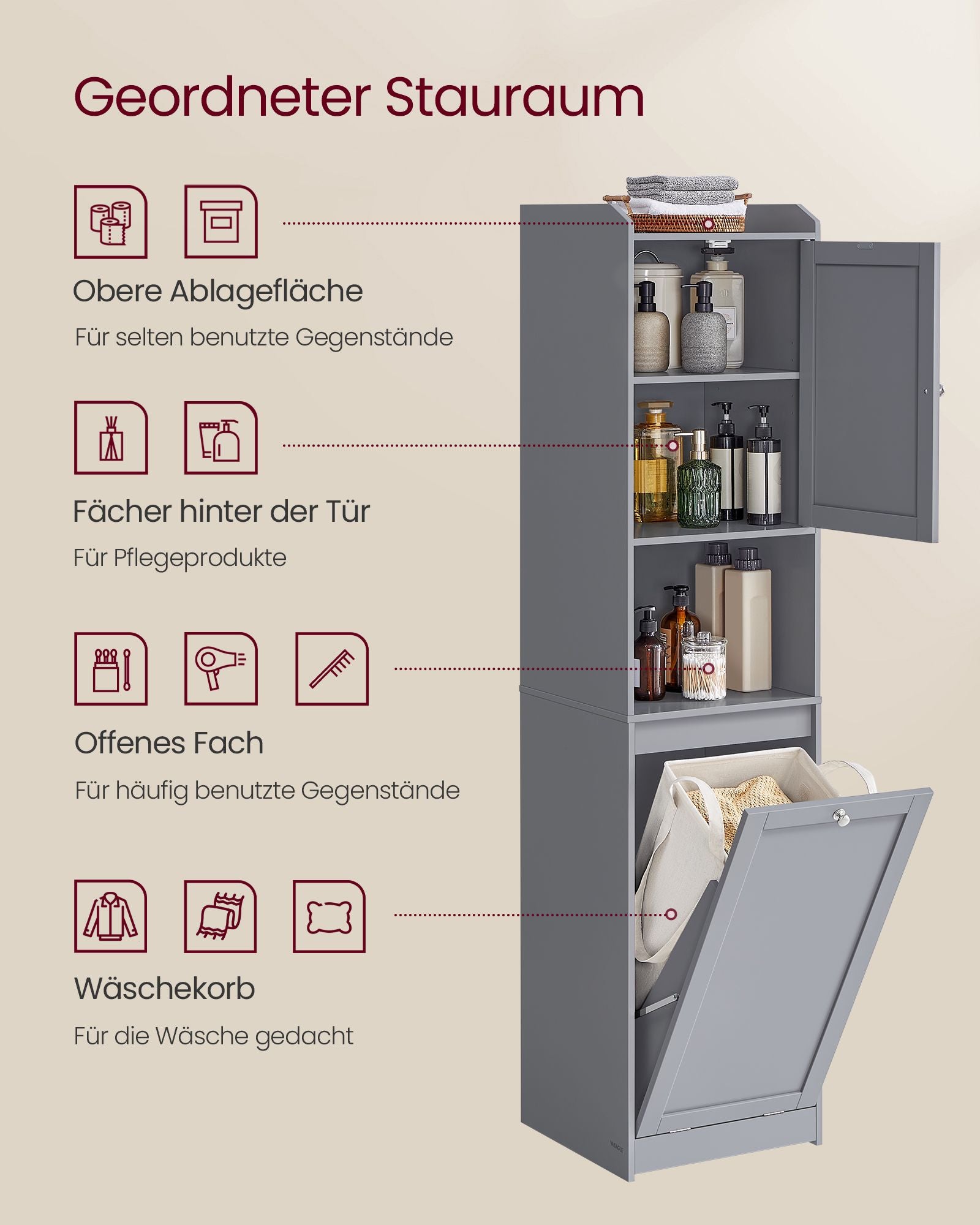 Bathroom cabinet - with laundry basket and handles - pigeon gray