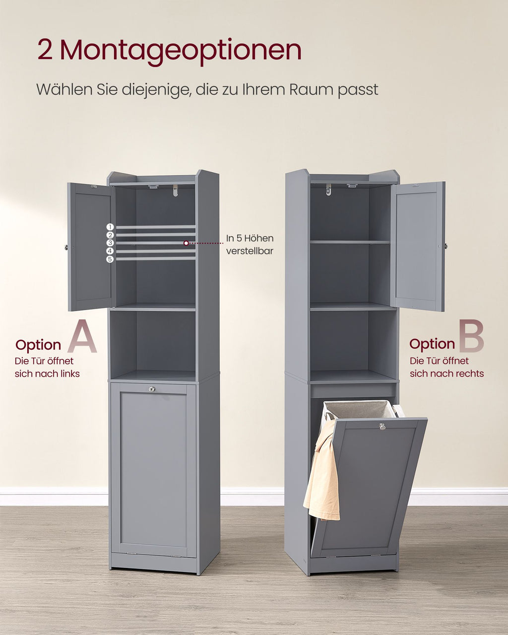 Bathroom cabinet - with laundry basket and handles - pigeon gray