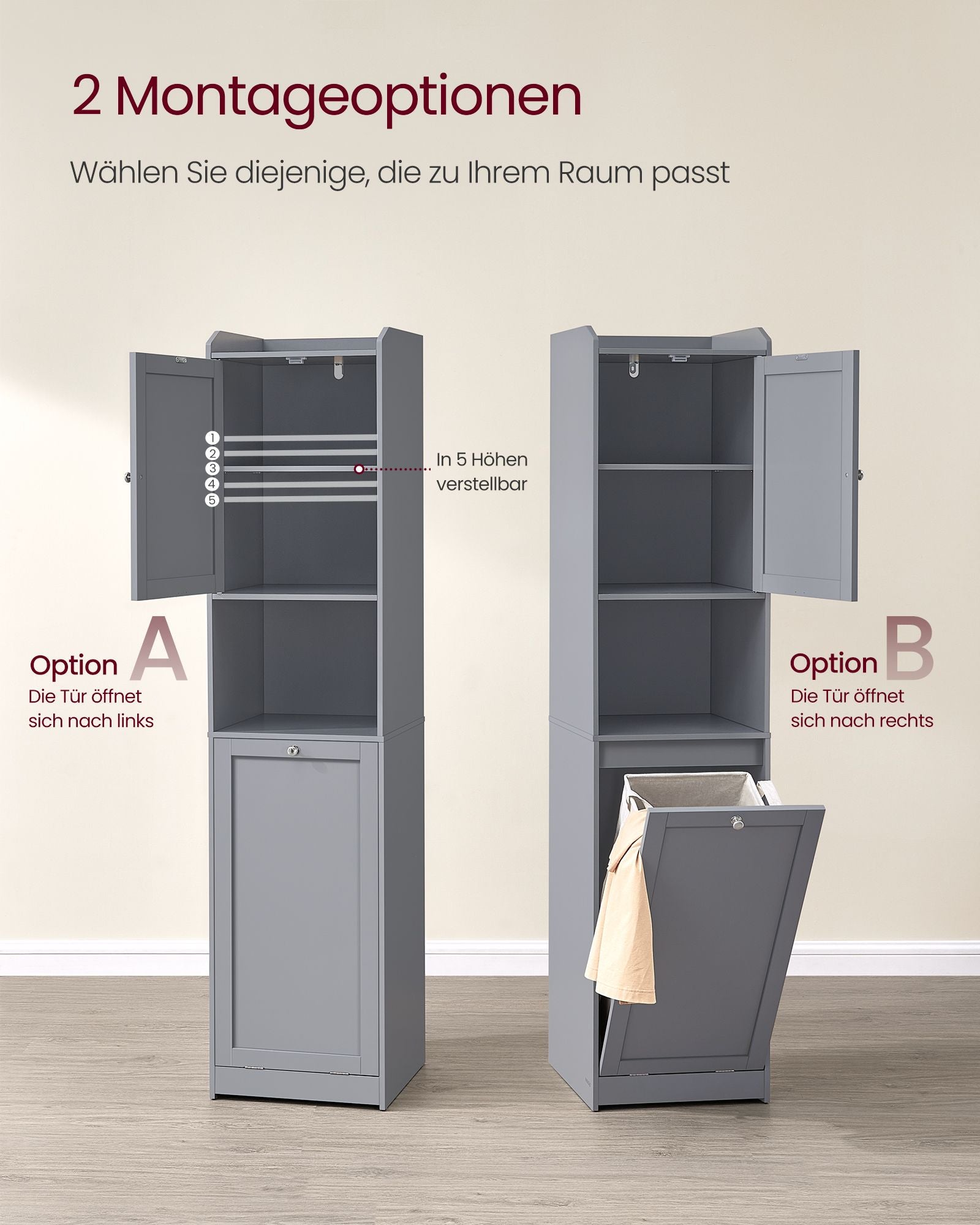 Bathroom cabinet - with laundry basket and handles - pigeon gray