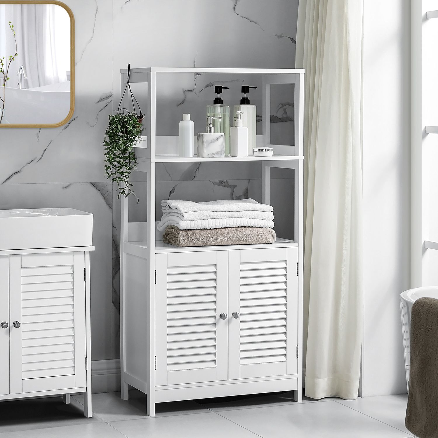 Bathroom cabinet - High cupboard - With open compartments and 2 doors - White