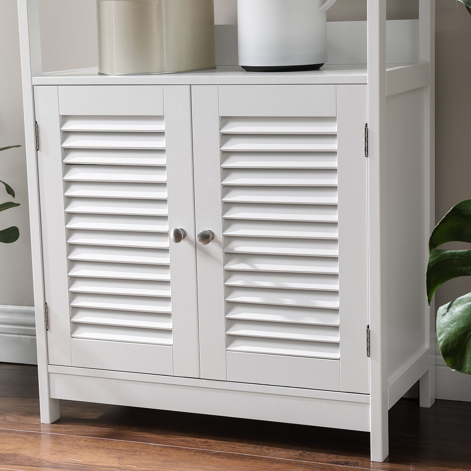 Bathroom cabinet - High cupboard - With open compartments and 2 doors - White