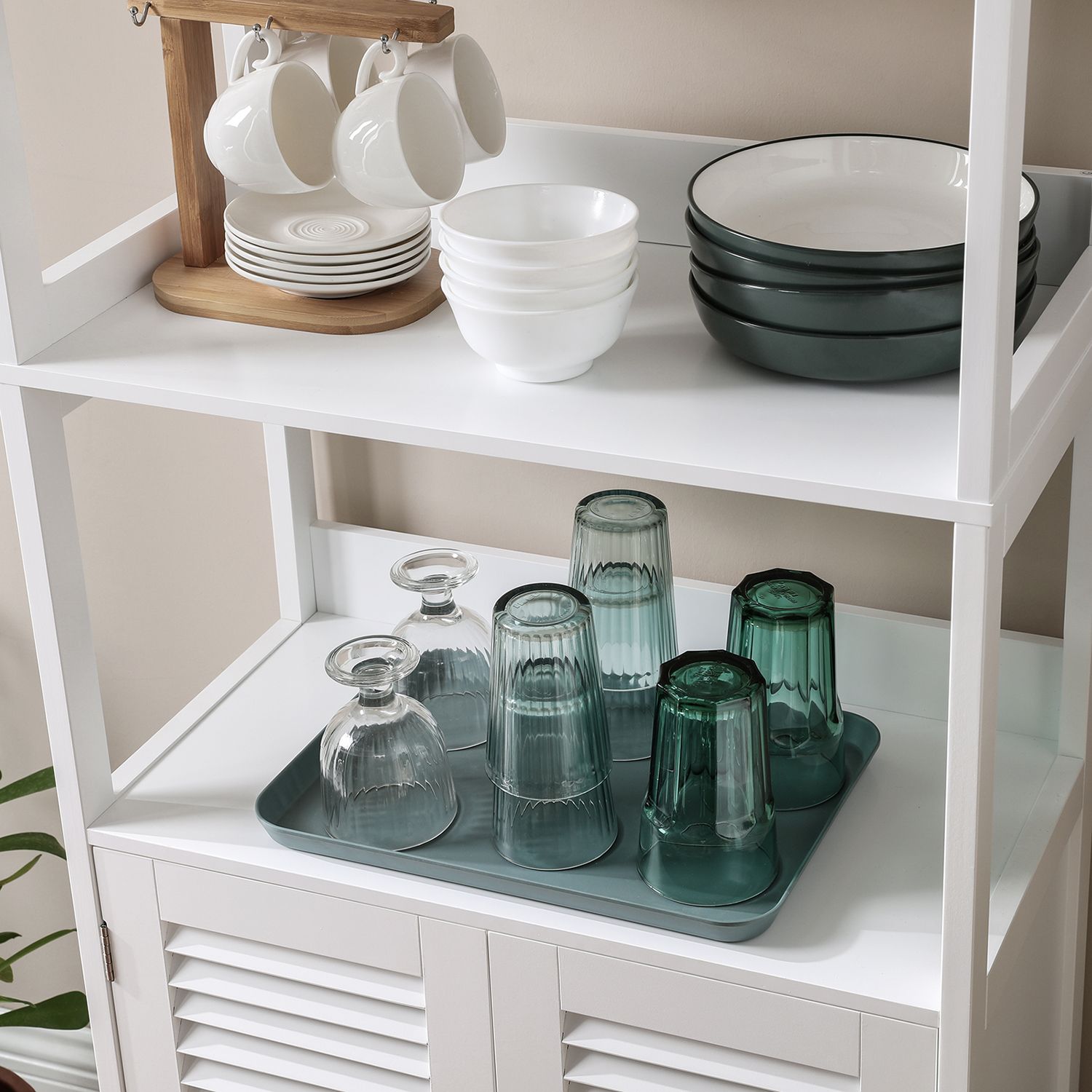 Bathroom cabinet - High cupboard - With open compartments and 2 doors - White