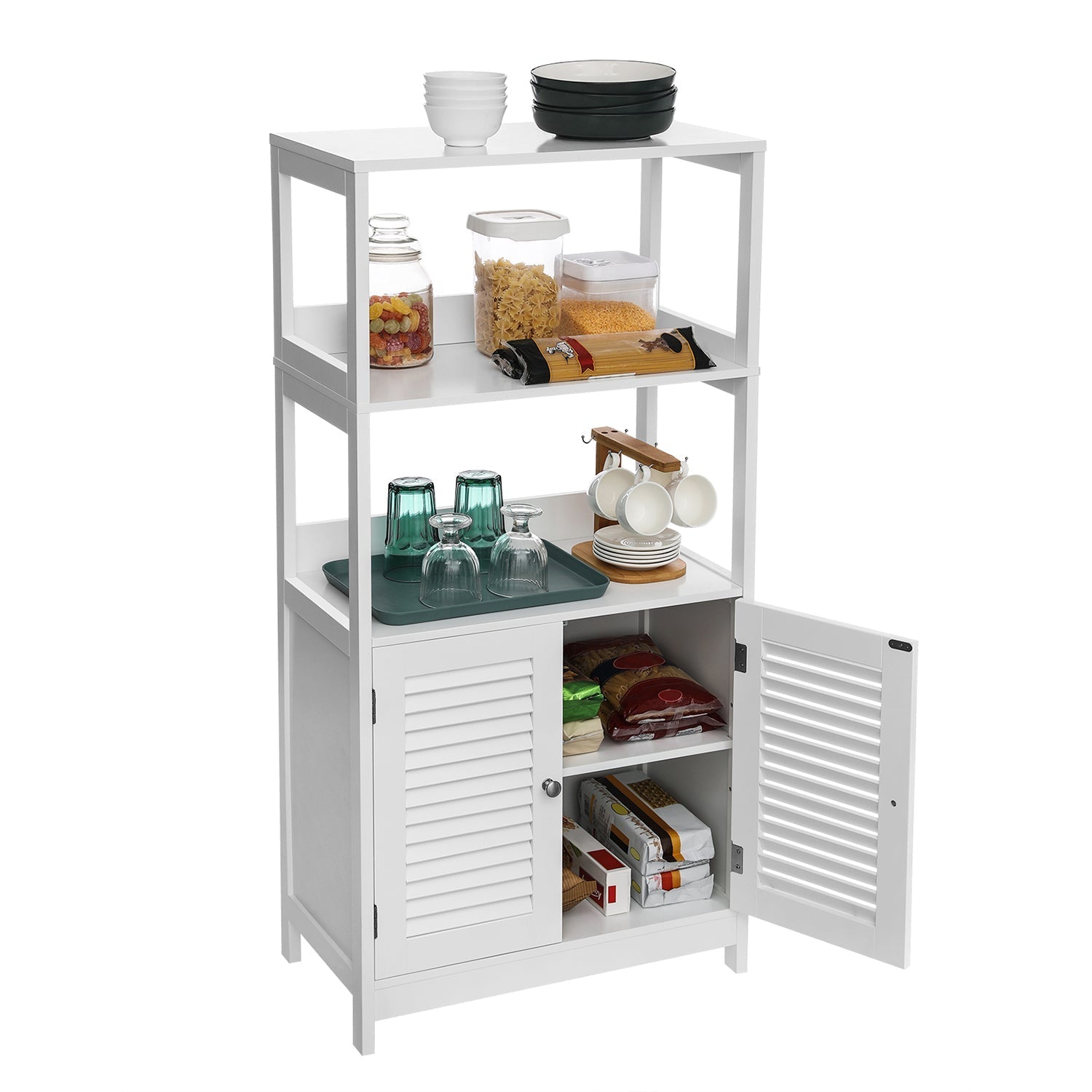 Bathroom cabinet - High cupboard - With open compartments and 2 doors - White