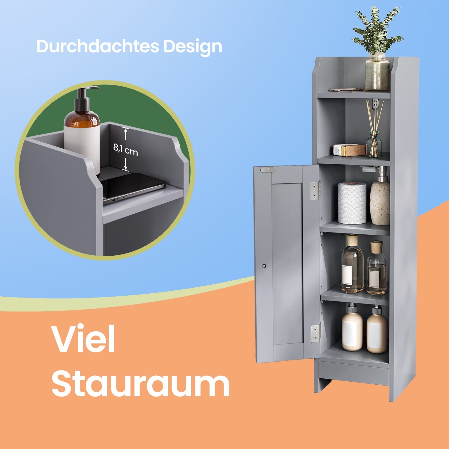 Bathroom cabinet - narrow standing cupboard, ideal for small bathrooms