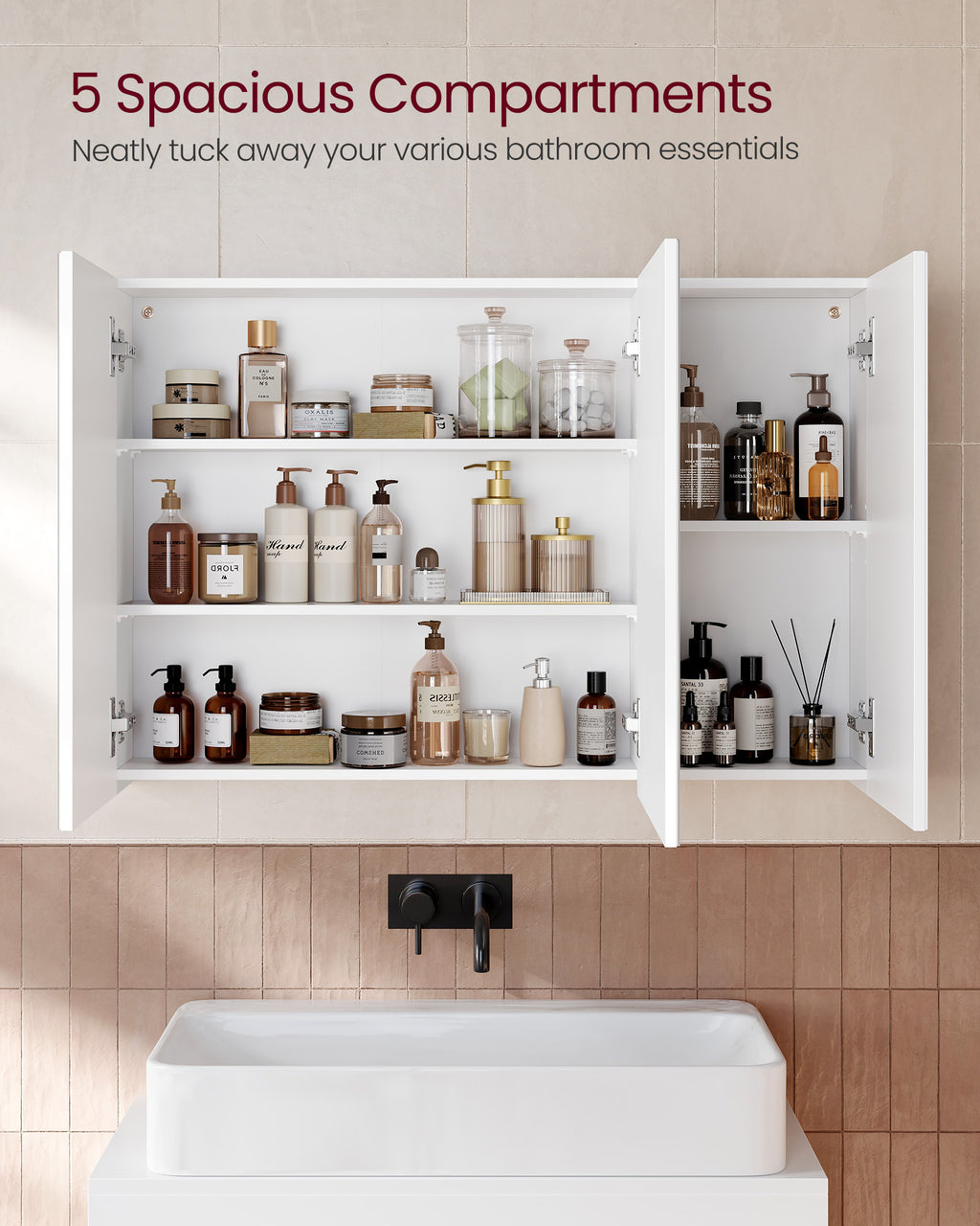 Wall cabinet - with mirror and adjustable shelf - white