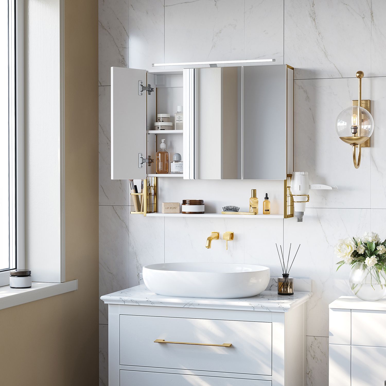 Mirror cabinet - Bathroom cabinet - With Lighting - Double Door - Modern - White / Gold