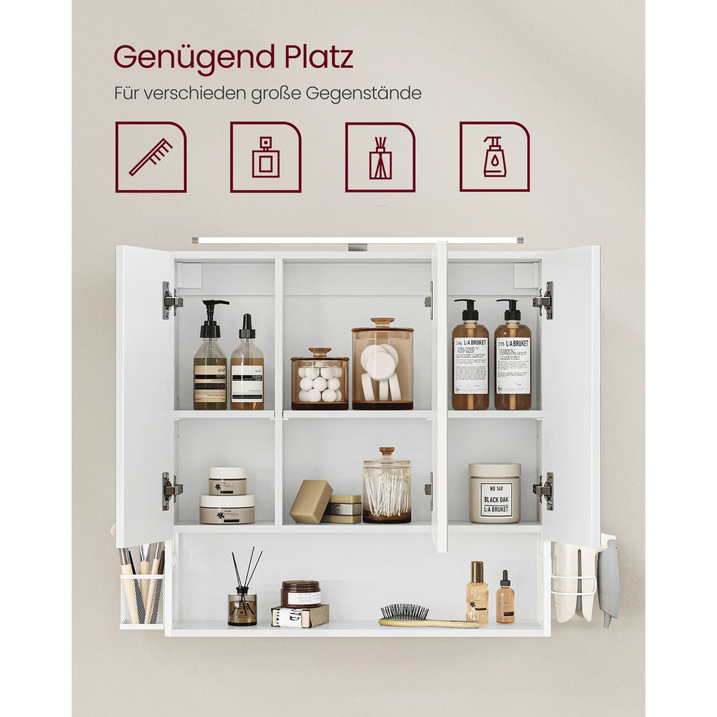 Bathroom mirror cabinet - 3 doors - with lighting and adjustable plank