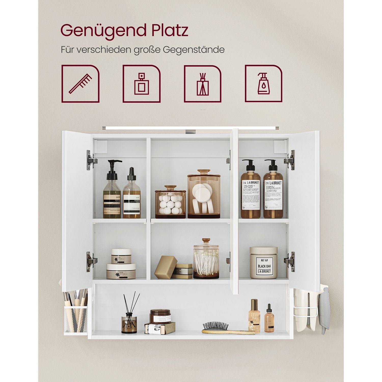 Bathroom mirror cabinet - 3 doors - with lighting and adjustable plank