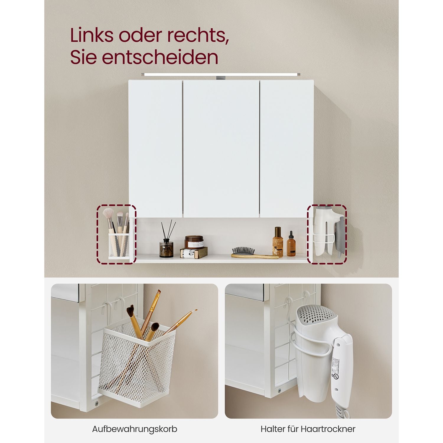 Bathroom mirror cabinet - 3 doors - with lighting and adjustable plank