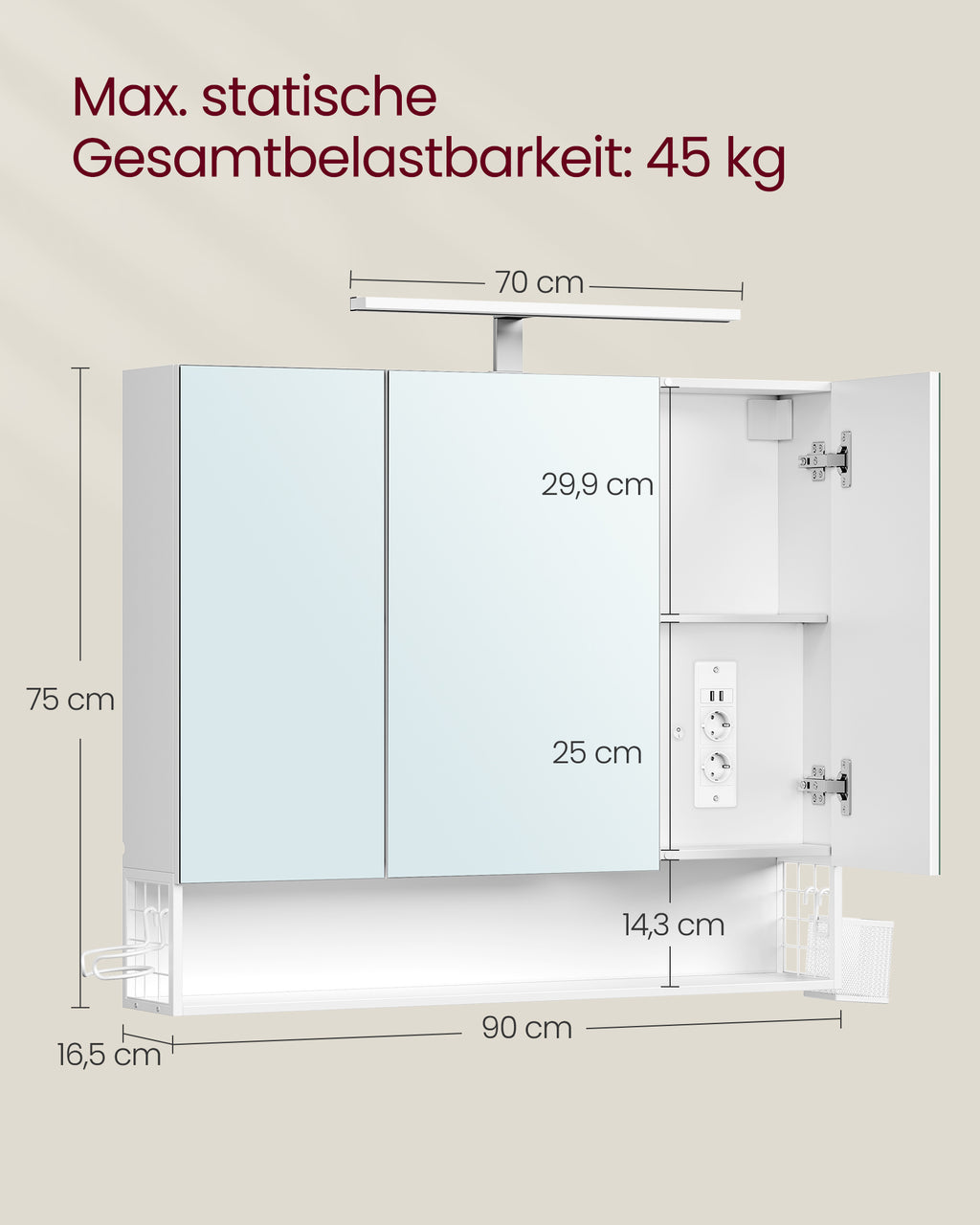 Bathroom furniture with 3 doors - 16.5 x 90 x 75 cm - Cloudy White