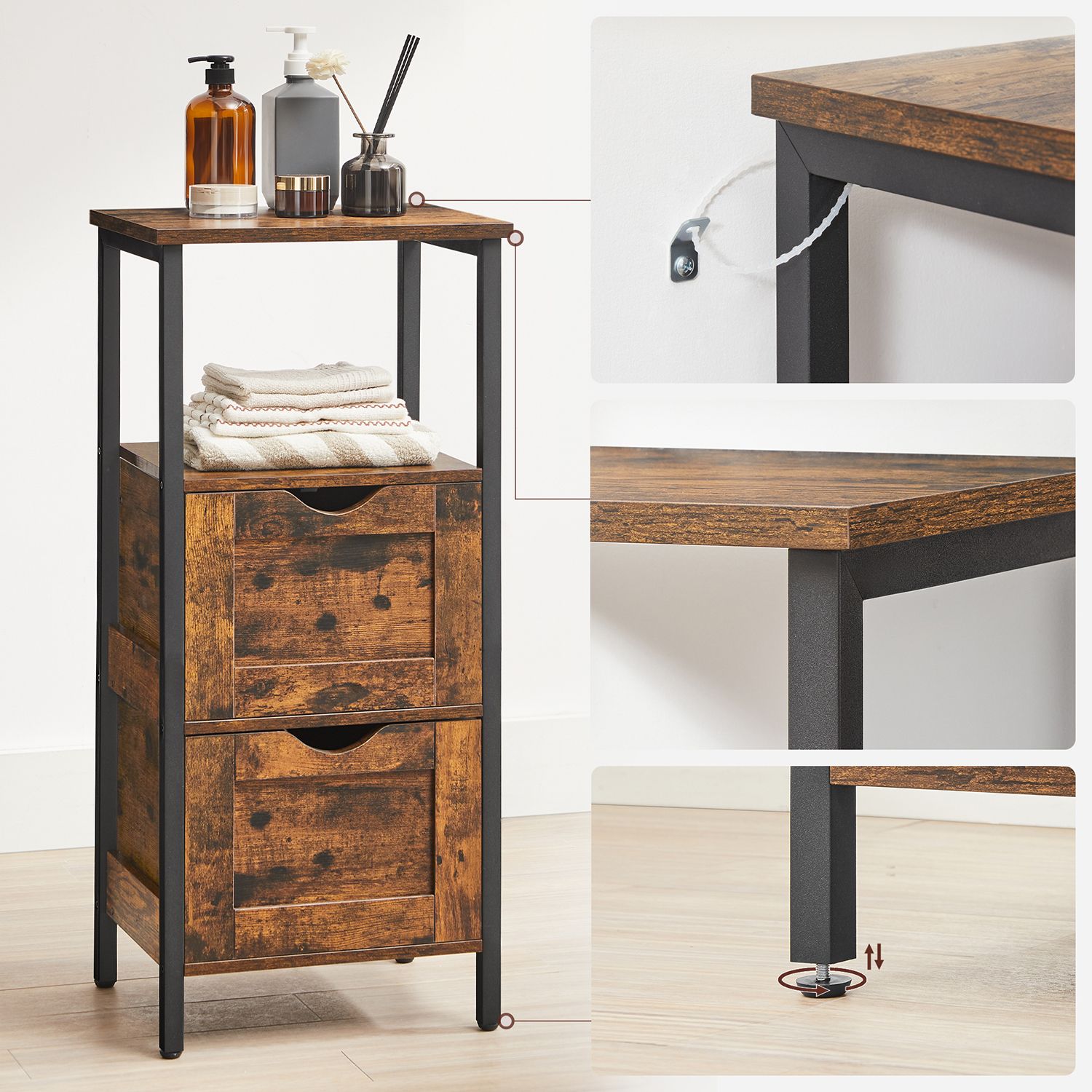 Bathroom cabinet - With 2 drawers - Storage cabinet - Vintage Brown / Black