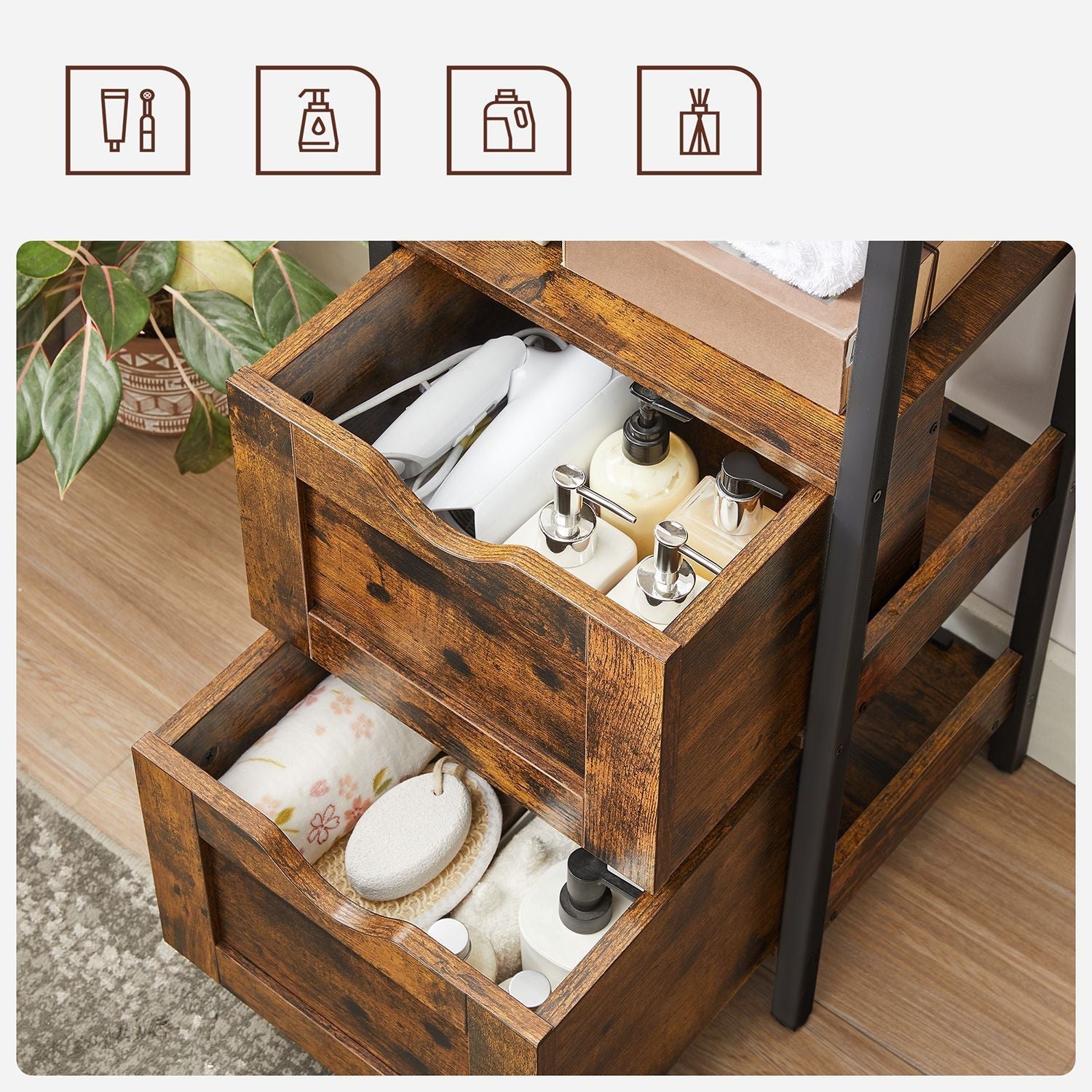 Bathroom cabinet - With 2 drawers - Storage cabinet - Vintage Brown / Black