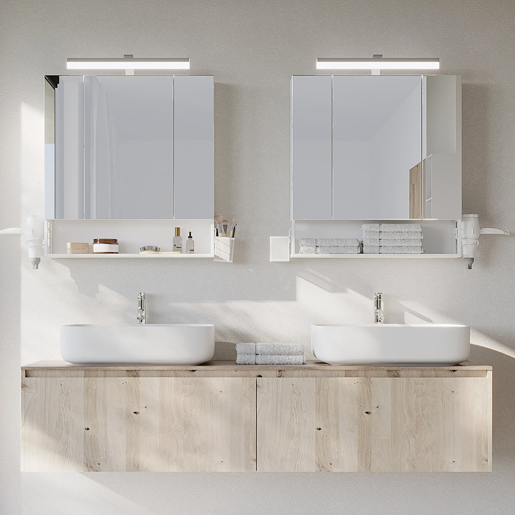 Bathroom furniture with LED lighting, sockets, hanging basket