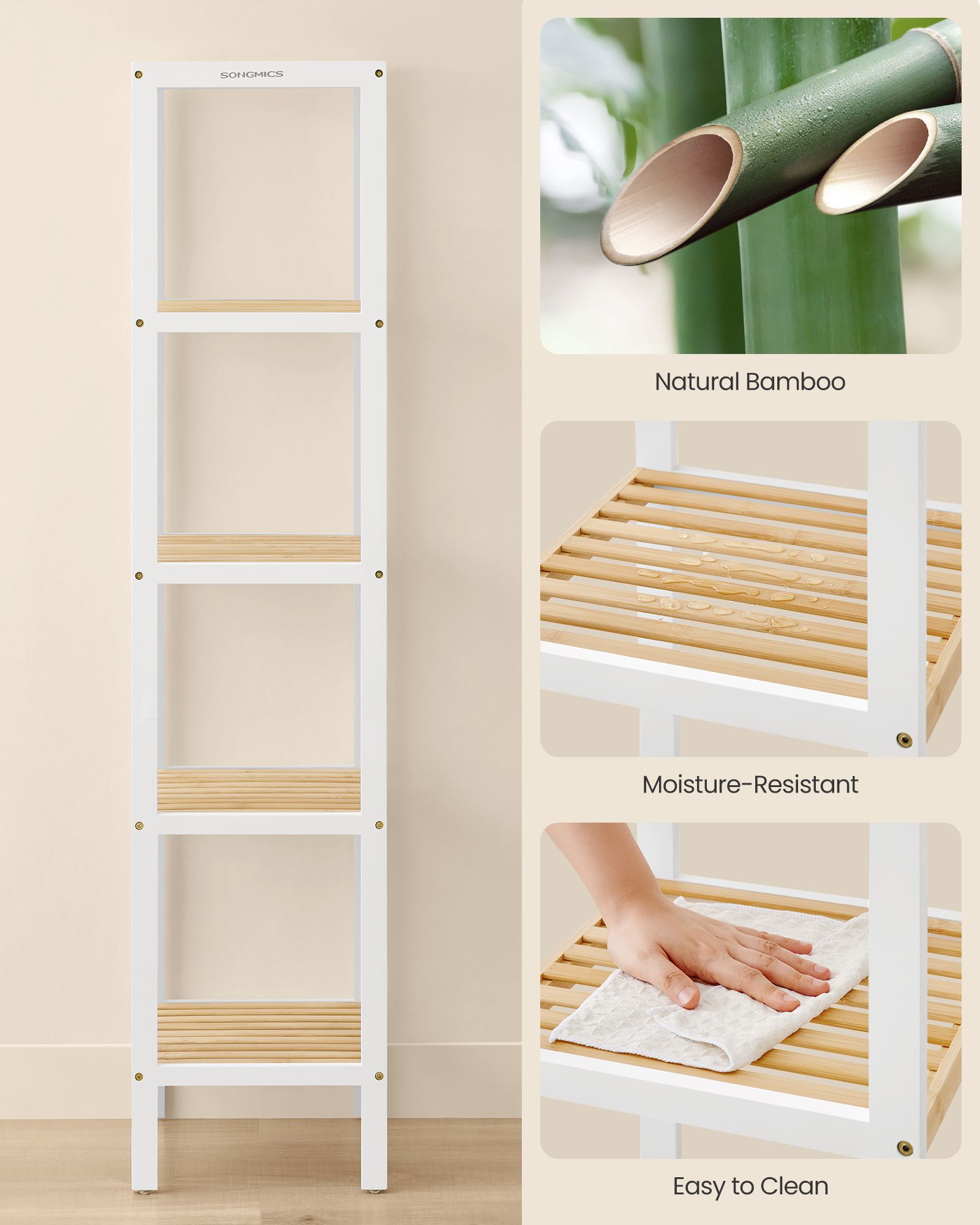 Bamboo bathroom rack - 5 layers - Cloudy White & Natural Beige