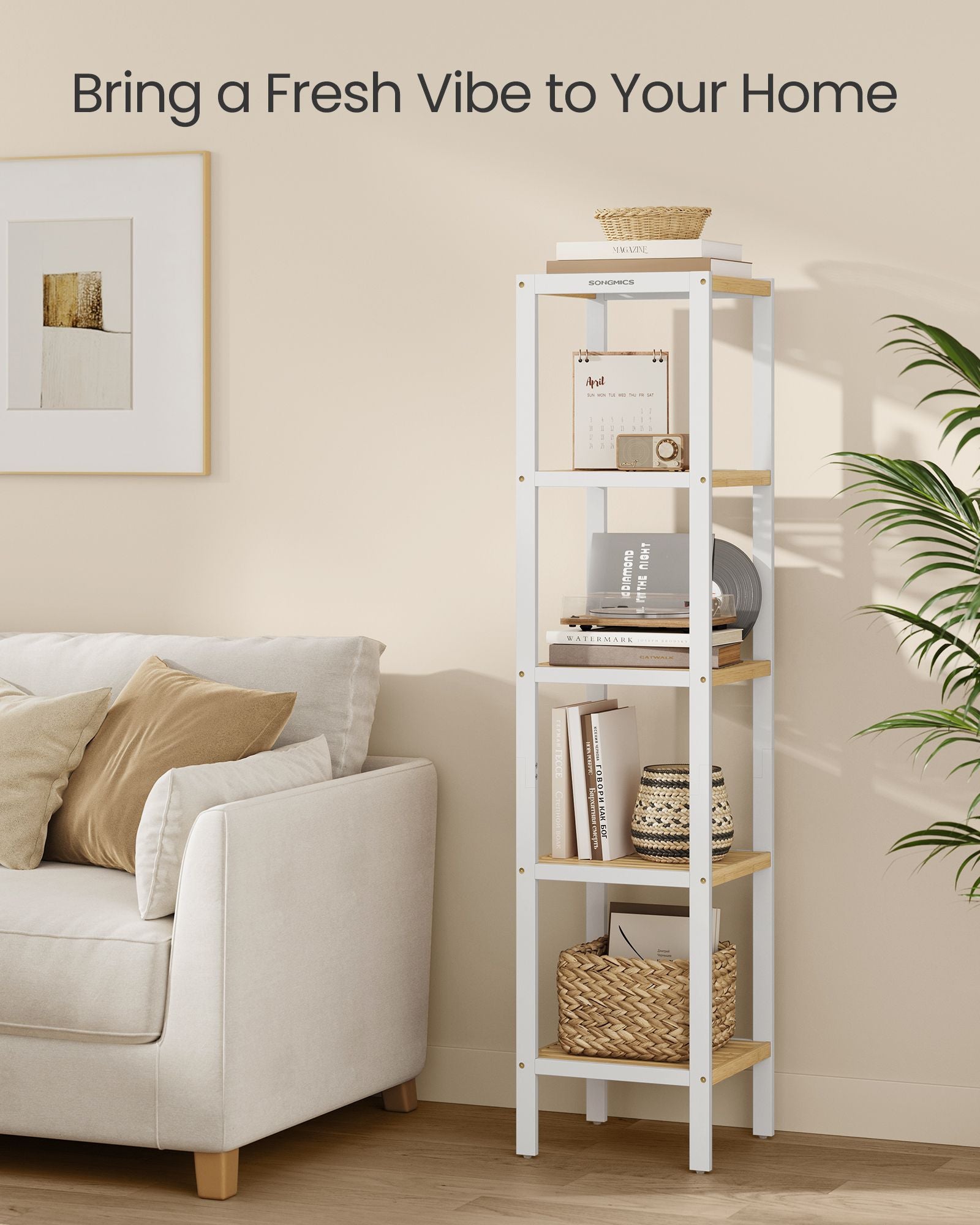 Bamboo bathroom rack - 5 layers - Cloudy White & Natural Beige