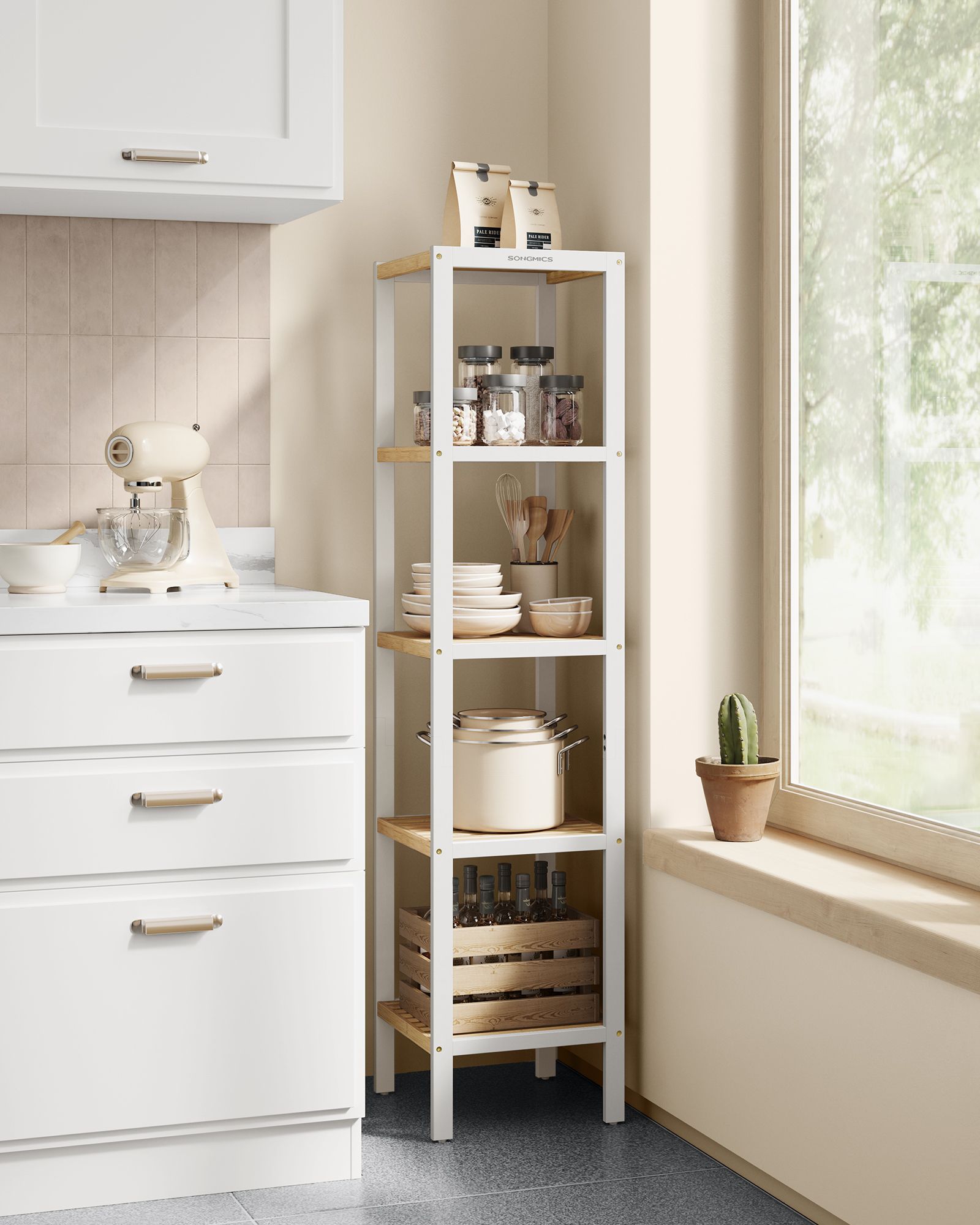 Bamboo bathroom rack - 5 layers - Cloudy White & Natural Beige