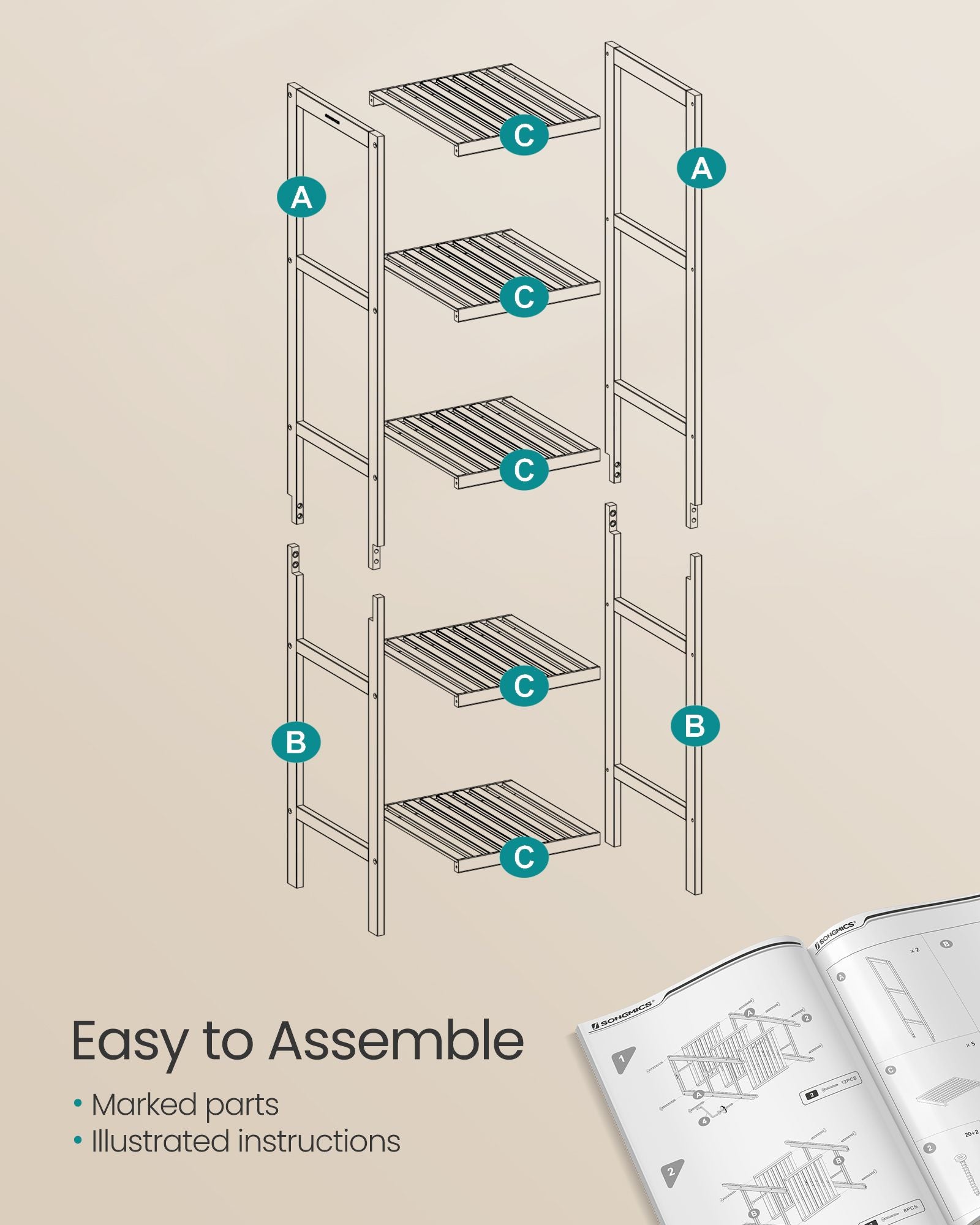 Bamboo bathroom rack - 5 layers - Cloudy White & Natural Beige